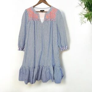 J.CREW Dress  Embroidered Ruffle Hem Oversize Size Medium Blue Striped Peach EUC